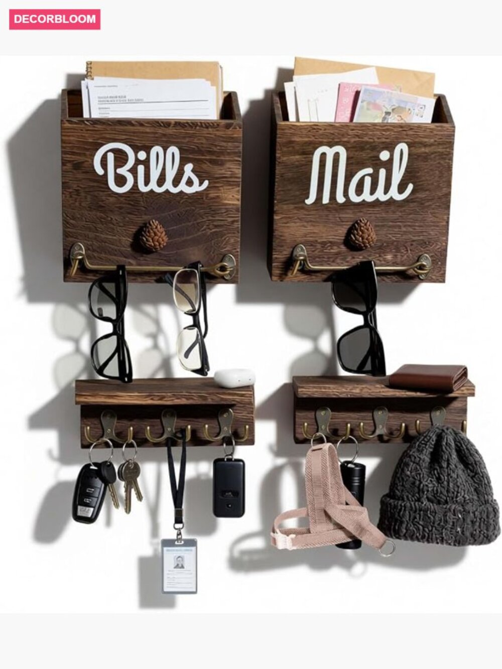 Wall Mount Mail Organizer 2-Pack with 12 Key Hooks